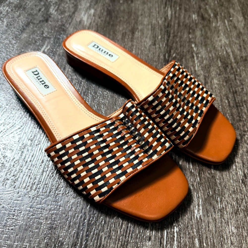 Dune London Libra Sandals Womens 38 7.5 Tan Woven Leather Square Toe Slides Low